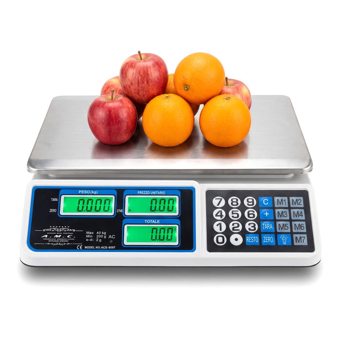 Bilancia pesa prezzi con frutta sul piatto inox