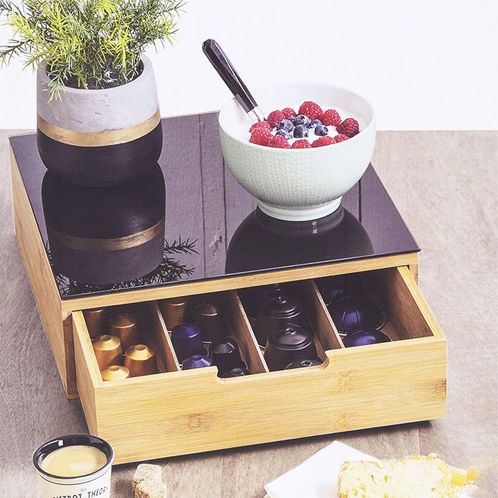 Distributeur de capsules de café en bambou avec 4 compartiments