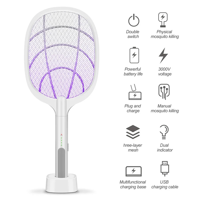 Raquette anti-moustiques électrique rechargeable avec base