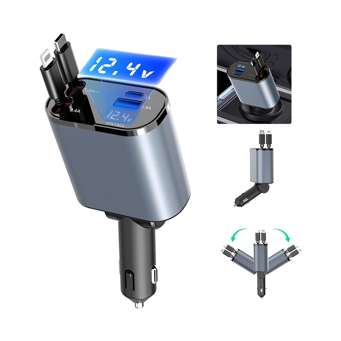 Chargeur de voiture rétractable 4 en 1 avec câbles intégrés Type-C et Lightning