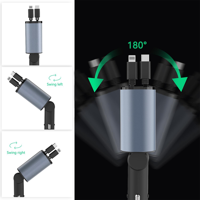 Chargeur de voiture rétractable 4 en 1 avec câbles intégrés Type-C et Lightning