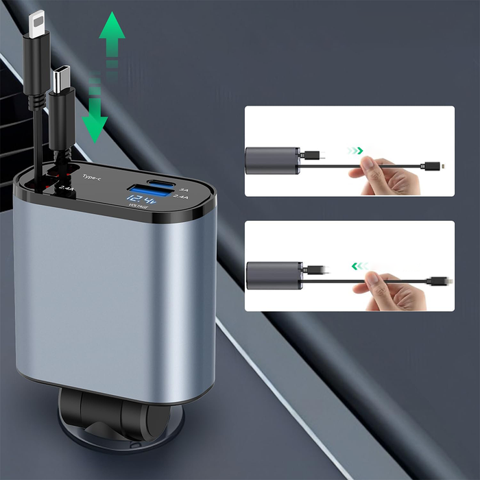 Chargeur de voiture rétractable 4 en 1 avec câbles intégrés Type-C et Lightning