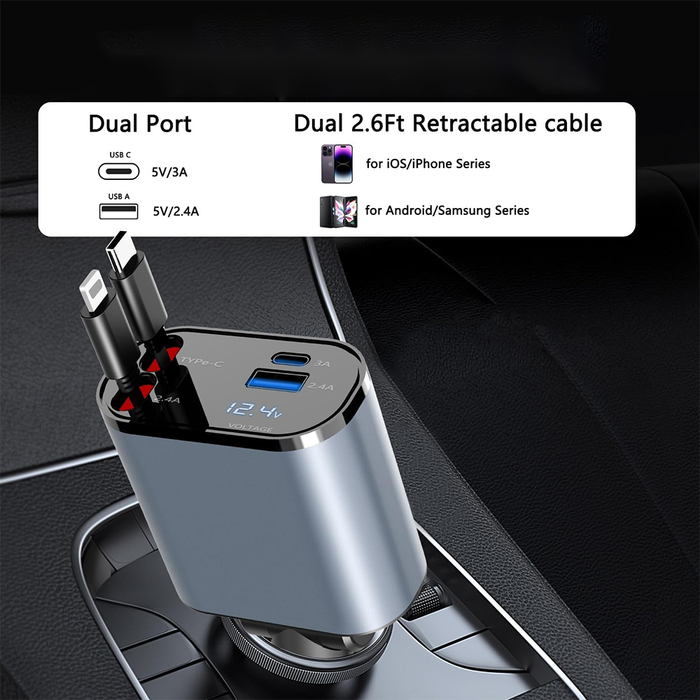 Chargeur de voiture rétractable 4 en 1 avec câbles intégrés Type-C et Lightning