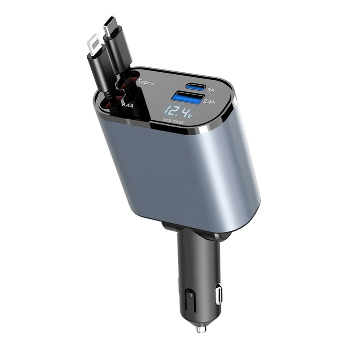 Chargeur de voiture rétractable 4 en 1 avec câbles intégrés Type-C et Lightning
