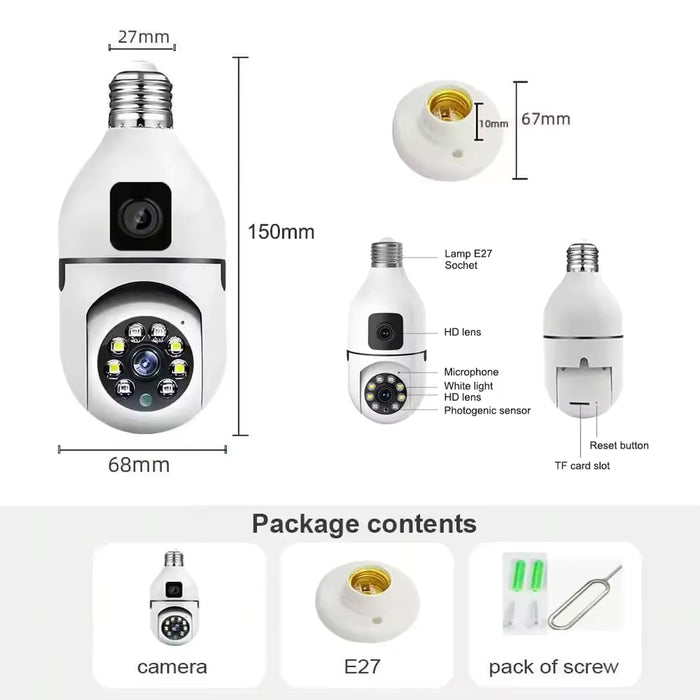Telecamera Wi‑Fi Lampadina E27 5MP con Doppia Lente e Zoom 5x