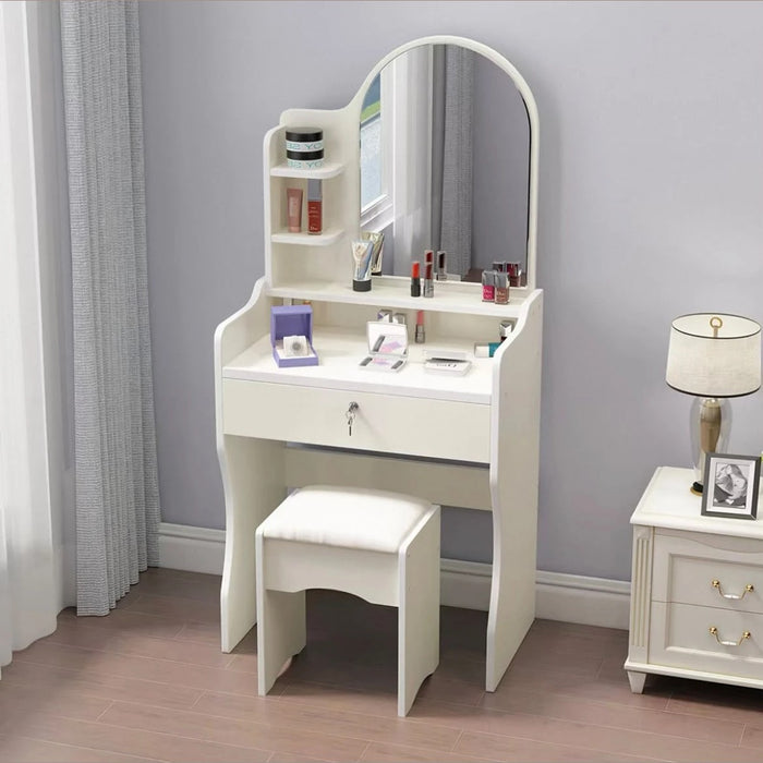 Tavolo trucco con specchio ad arco bianco e sgabello
