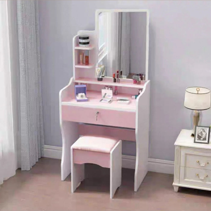 Tavolo trucco con specchio rettangolare rosa e sgabello