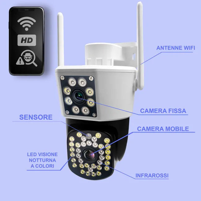 Telecamera di Videosorveglianza Wi-Fi PTZ a Doppia Lente